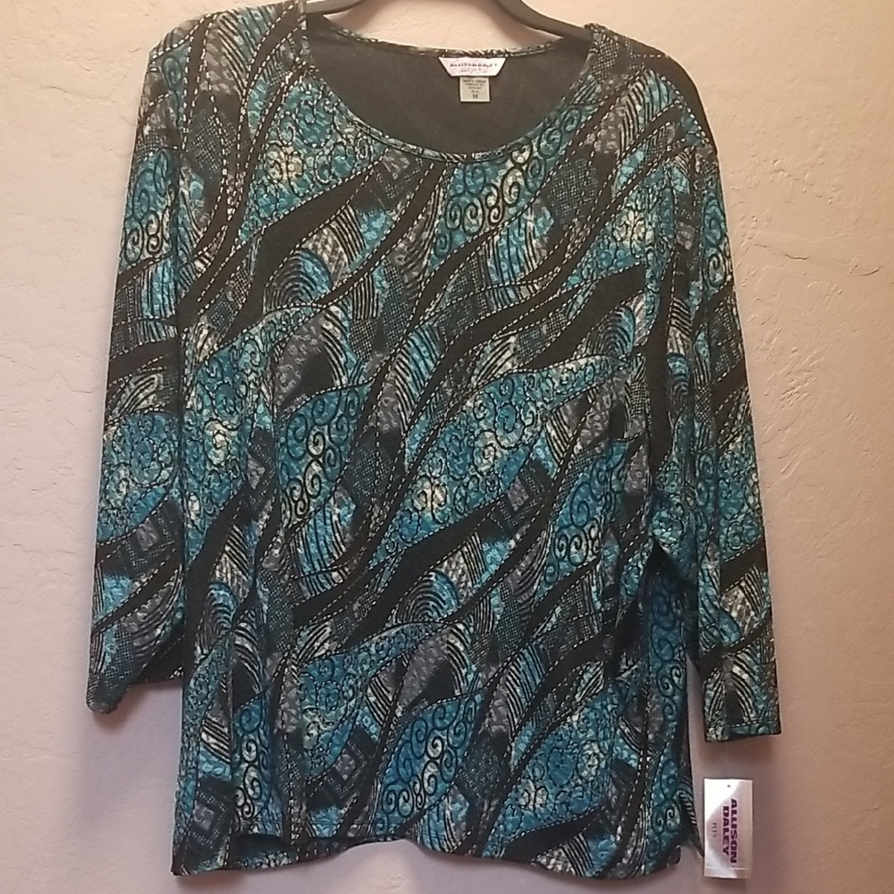 ALLISON DALEY Sz 3X Black & Teal 3/4 Sleeve, NWT, Pullover # 2543